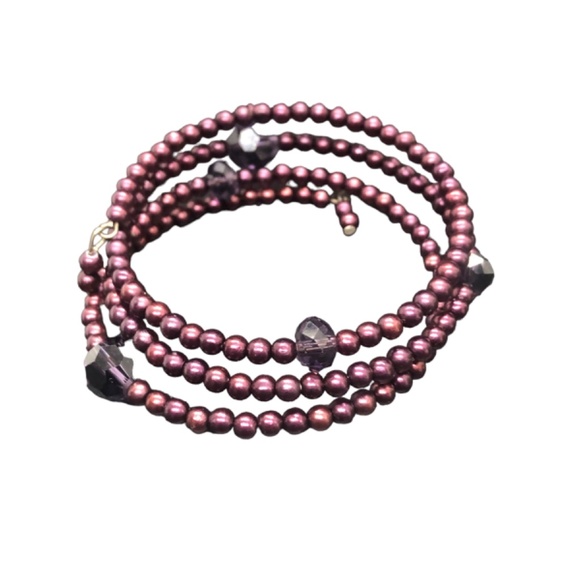 Eggplant Purple Faux Pearl 3 Coil Strand Wrap Bracelet - Picture 14 of 15